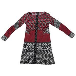 Hale Bob Long Sleeve Dress Geometric Patterns Black White Red Size Small